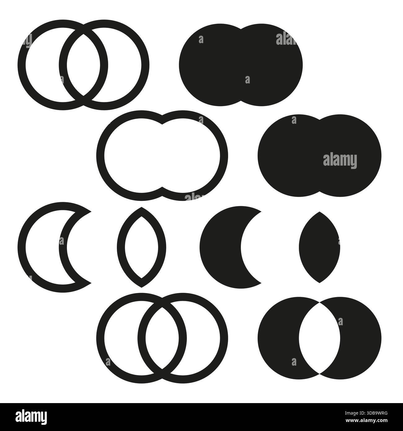 Twelve geometric shapes. Interlocking circle elements. Simple Vector illustration set. Abstract black forms. EPS 10. Stock Vector