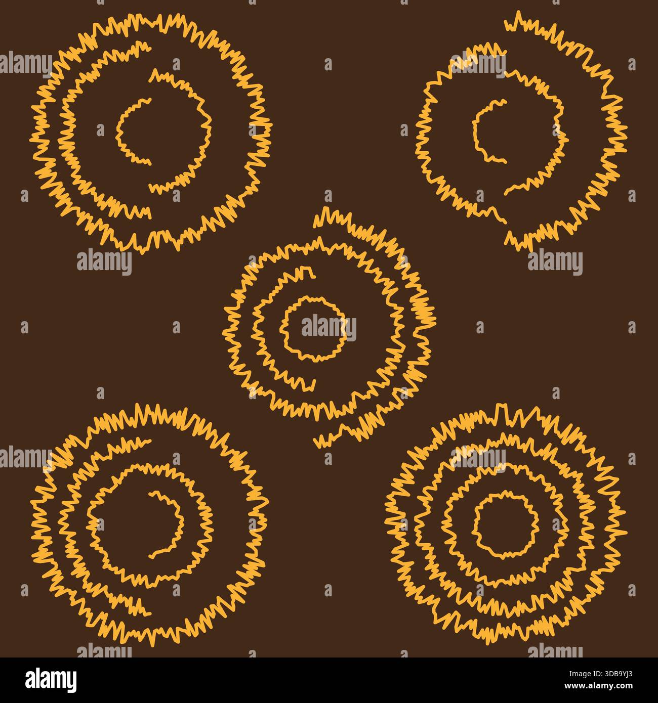 Five spiral pattern. Orange scribble line. Abstract rotation Vector shape. Dark brown background. EPS 10. Stock Vector