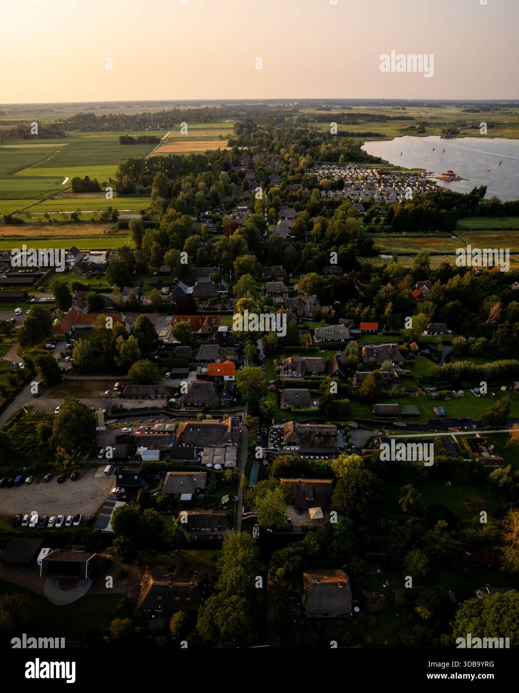 Aerial view of charming thatched-roof houses nestled amidst lush ...