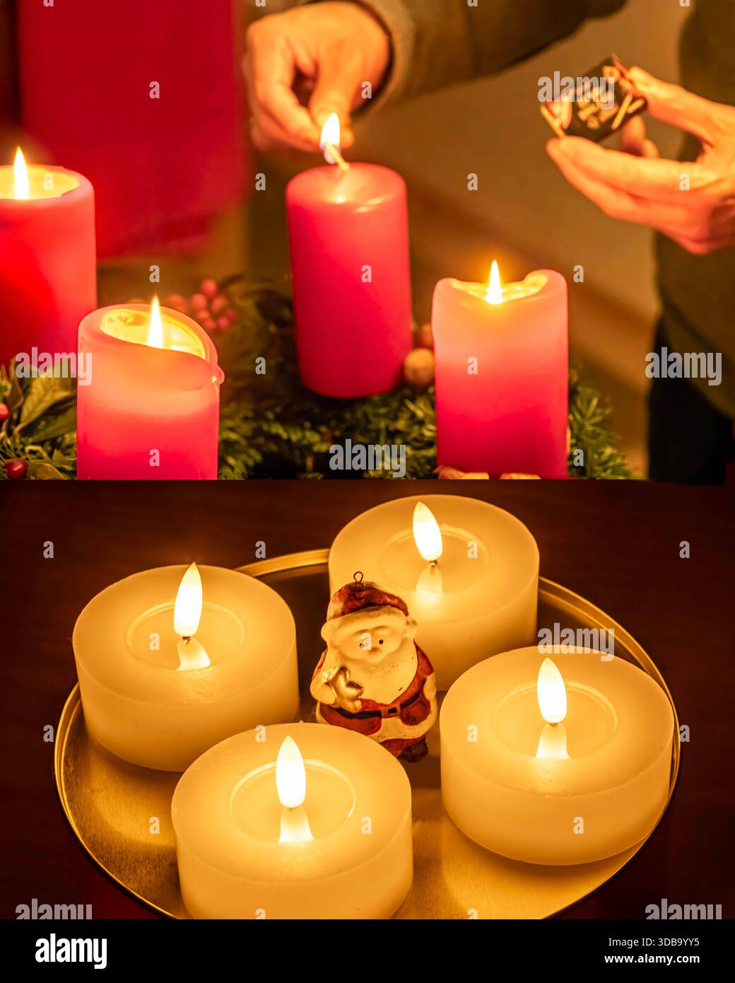 Brennende Kerzen oder LED-Echtwachs-Lichter Ein Mann zündet die dritte Kerze auf dem Adventskranz an, München, Dezember 2025 Deutschland, München, Dezember 2025, 4. Advent, brennende Kerzen oder LED-Echtwachs-Lichter ein Mann zündet die vierte