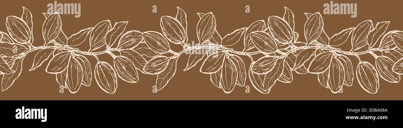 Cacao border outline on dark background. Cocoa plant with fruits and ...