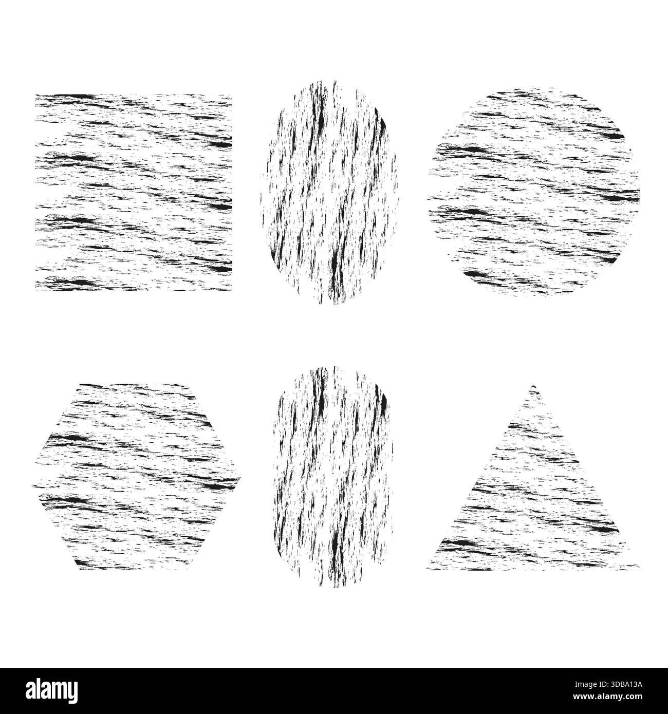Set four grunge shapes. Abstract rough texture. Geometric stamp forms. Vector distressed elements. EPS 10. Stock Vector