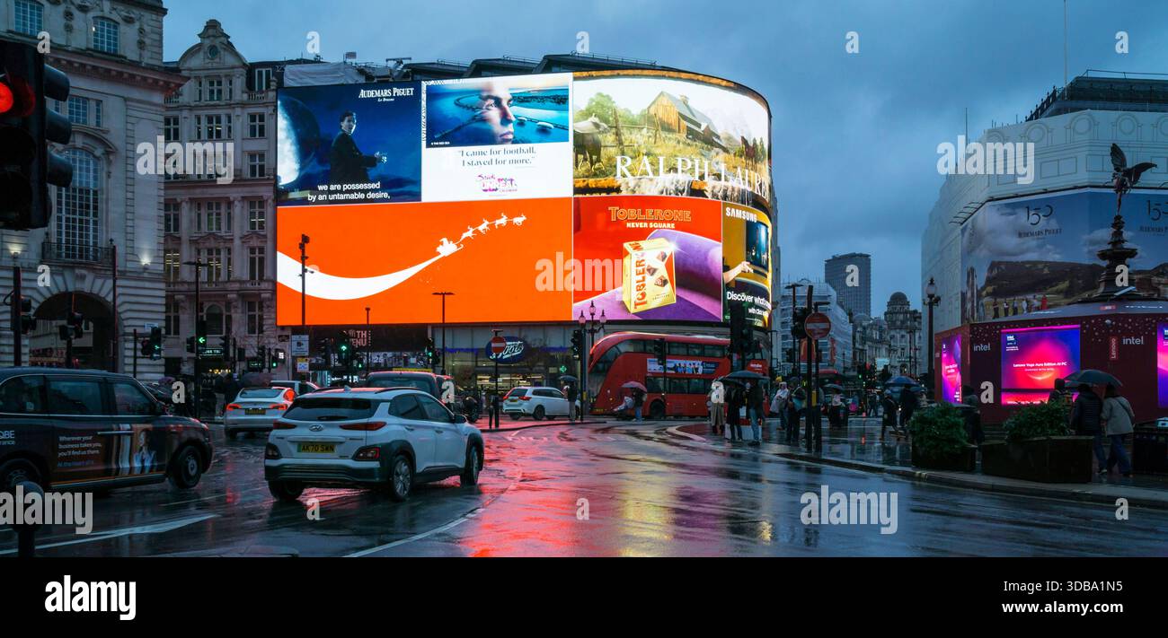 An overcast rainy day in Piccadilly Circus in Central London. Stock Photo