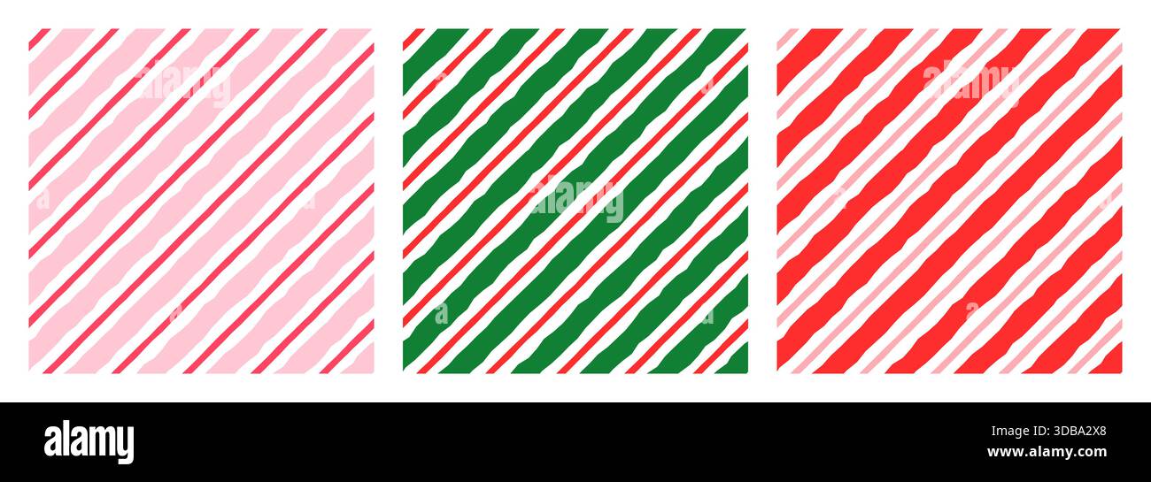 Red, green and pink diagonal stripes vector seamless pattern set, Candy cane holiday backgrounds Stock Vector