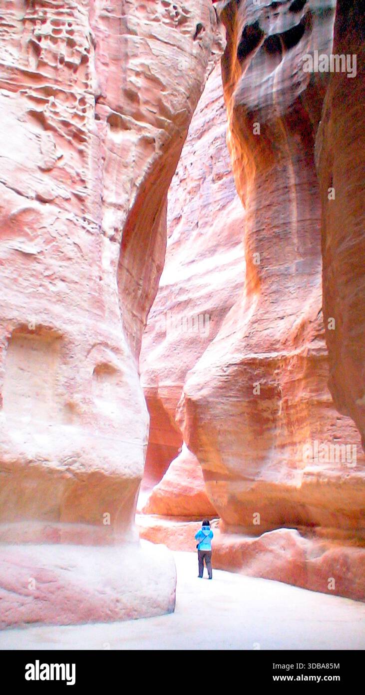 Panoramic view of the ancient rock-cut architecture in Petra, Jordan, also known as the Rose City. - Stock Image