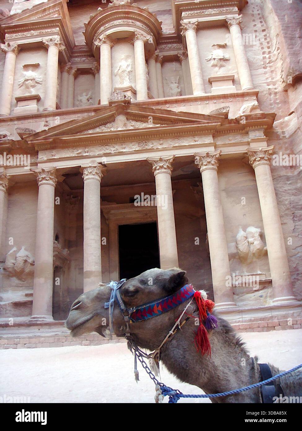 The iconic Treasury (Al-Khazneh) facade carved into the sandstone cliff at the end of the Siq canyon in Petra, Jordan. - Stock Image
