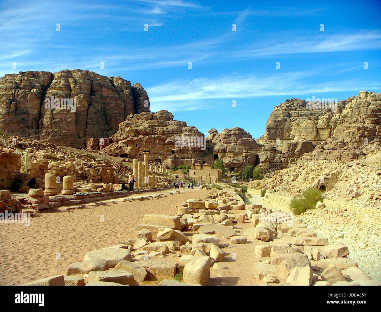 Panoramic view of the ancient rock-cut architecture in Petra, Jordan, also known as the Rose City. - Stock Image
