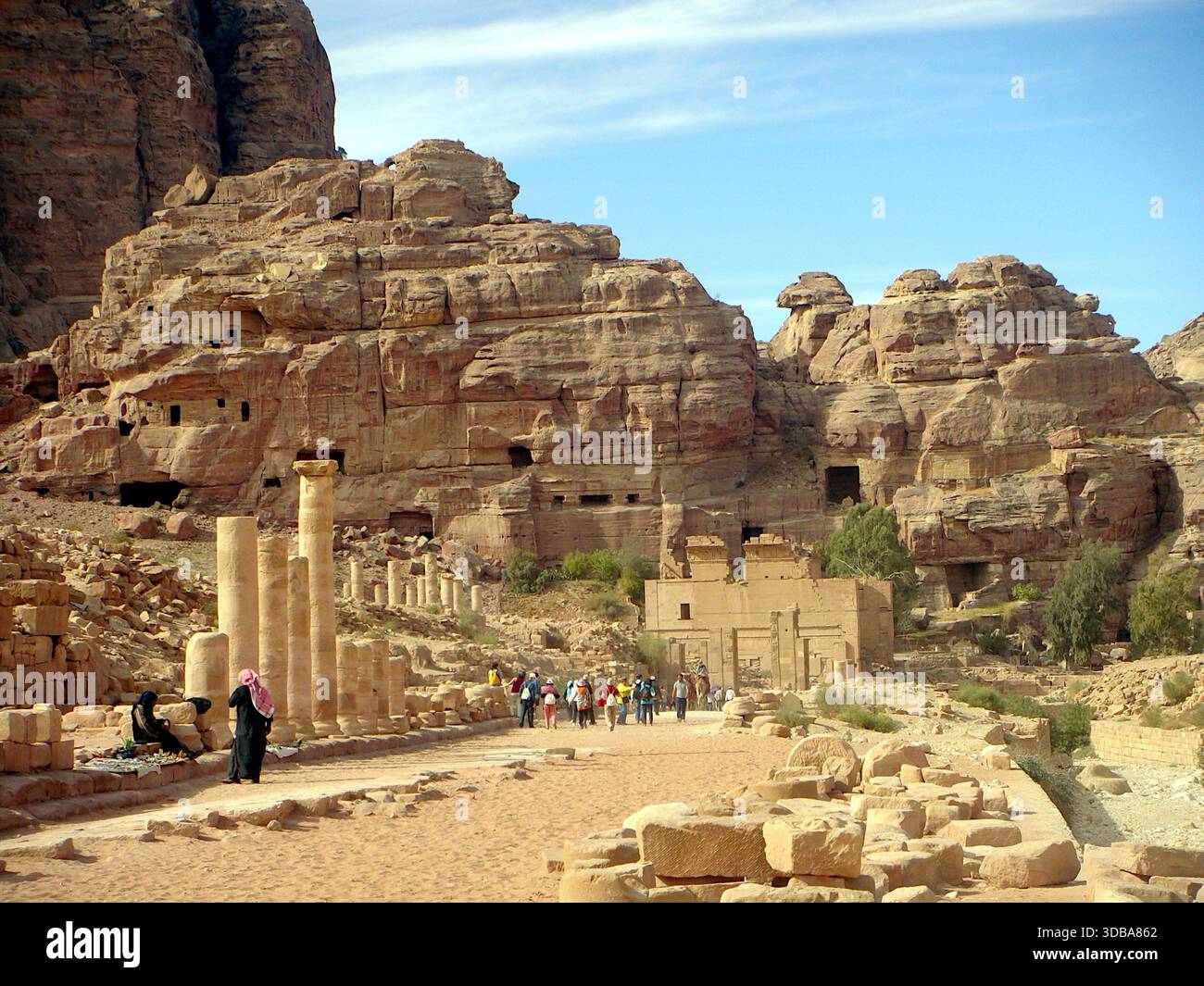 Panoramic view of the ancient rock-cut architecture in Petra, Jordan, also known as the Rose City. - Stock Image