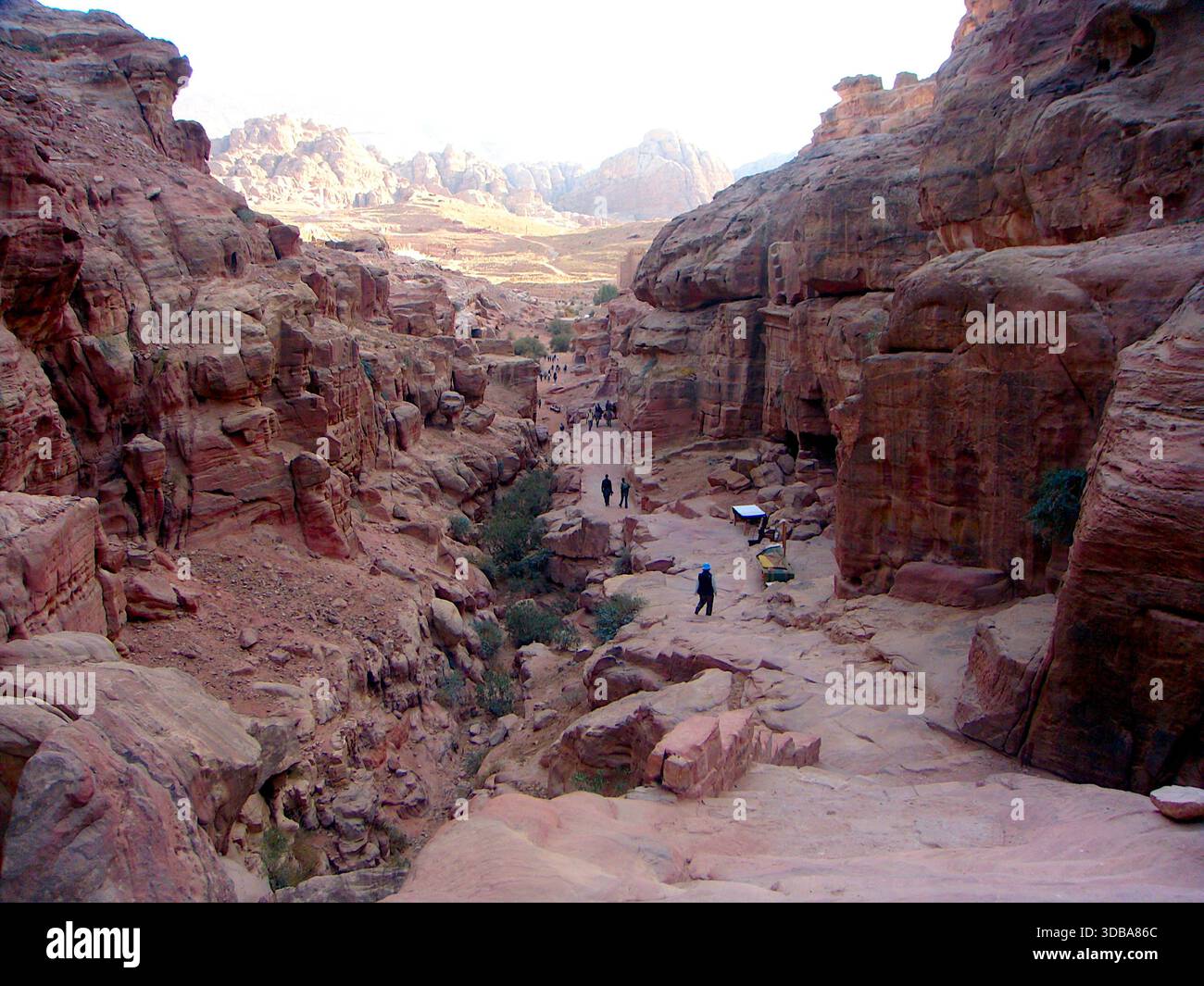 Panoramic view of the ancient rock-cut architecture in Petra, Jordan, also known as the Rose City. - Stock Image