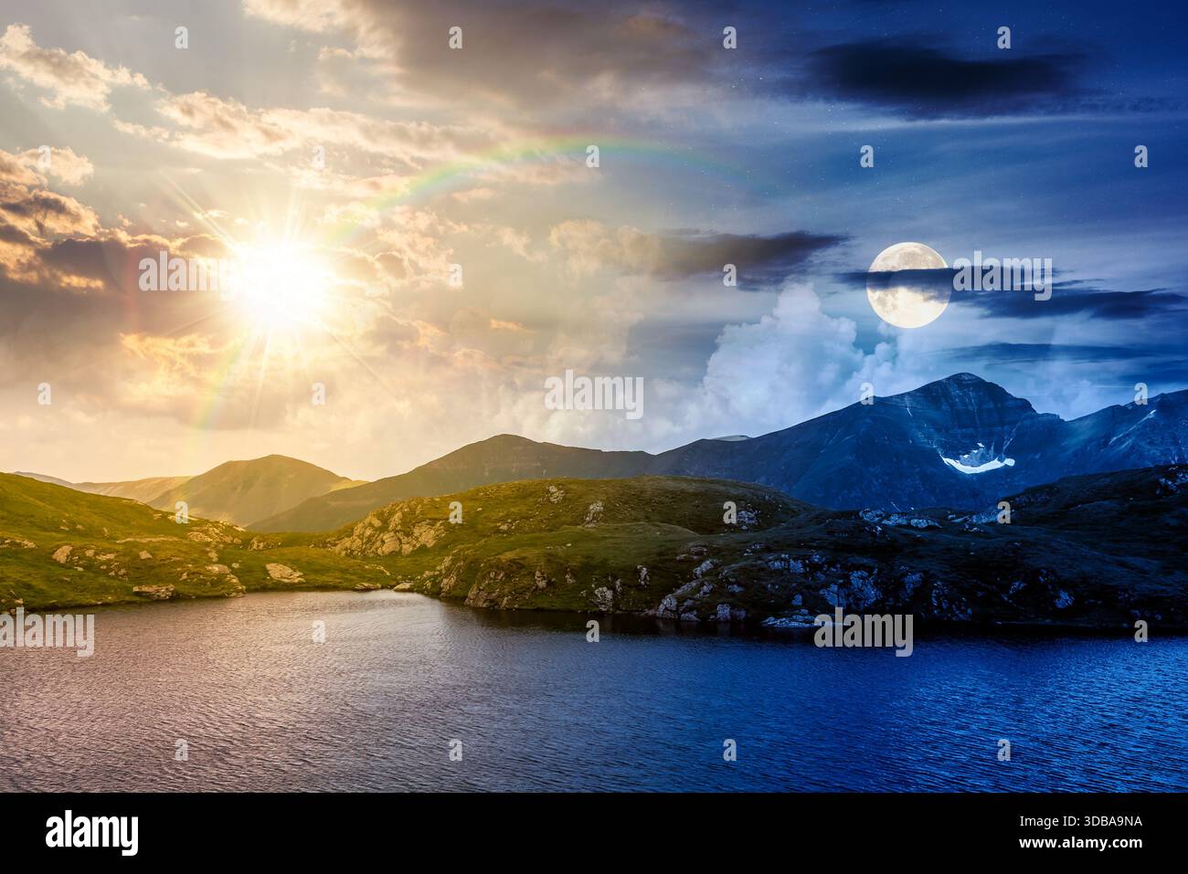 serene alpine lake among green hills. day and night time change concept. beautiful summer landscape with gorgeous sky over mountain peaks with sun and Stock Photo