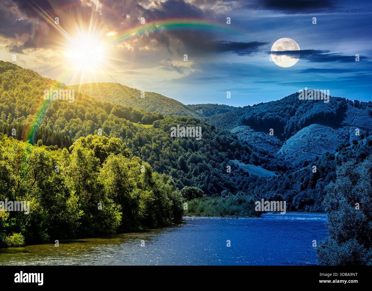 river flows through green forest near mountain. day and night time change concept. beautiful nature of rural area on summer weather under sky with sun Stock Photo