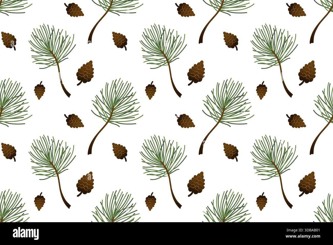 Seamless pattern of fir branches and pine cones. Colorful ornament featuring evergreens. Stock Vector