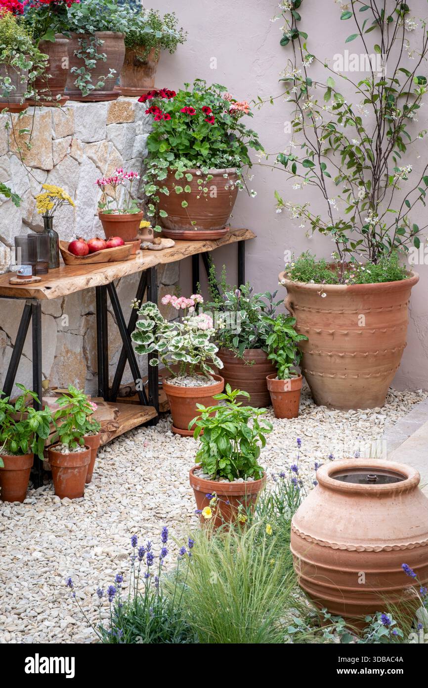 A collection of pots in a tiny patio garden, with gravel surface, and  terracotta containers Stock Photo - Alamy