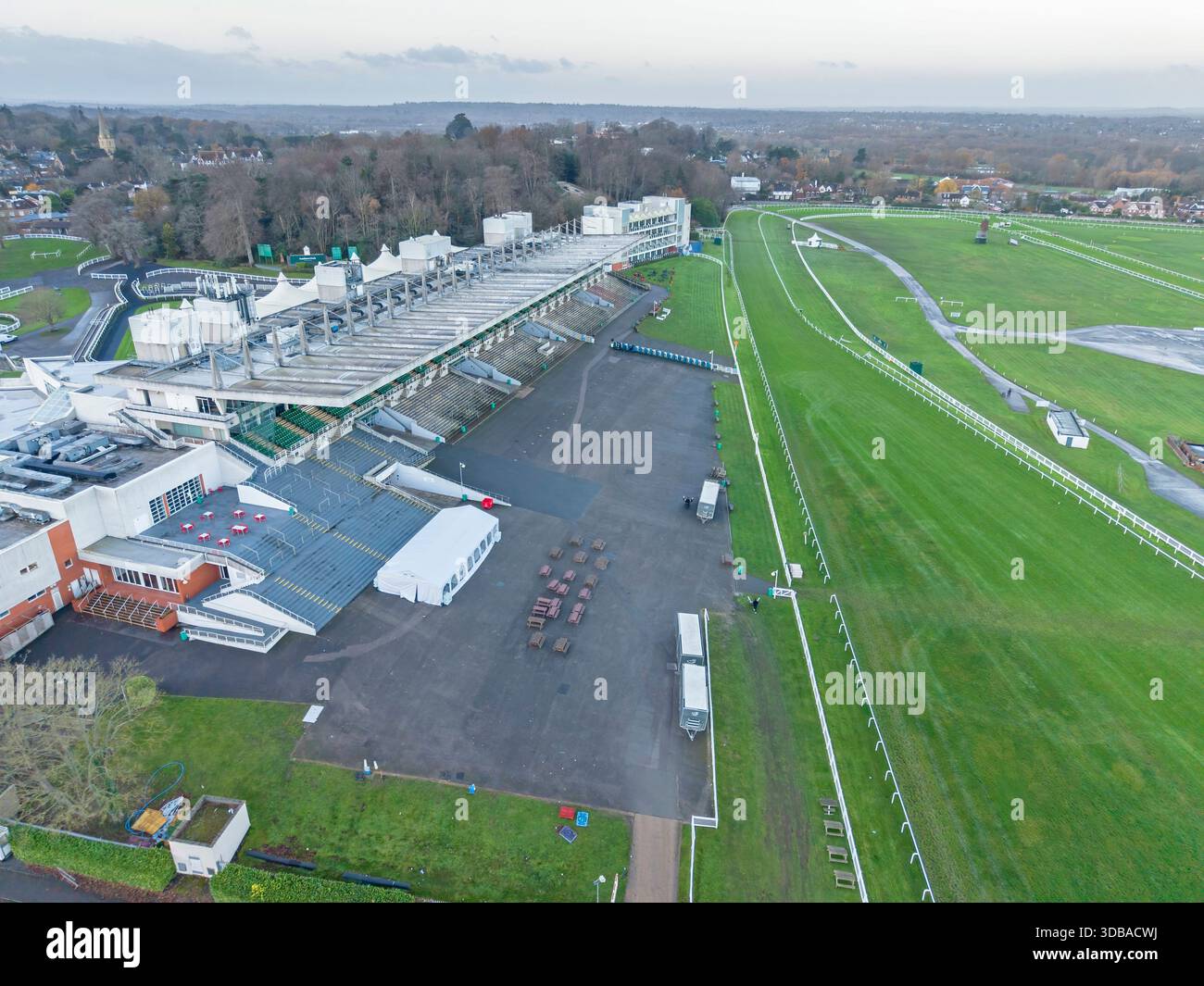 Surrey Racetrack aerial view of sandown park racecourse and grandstands in esher surrey ...