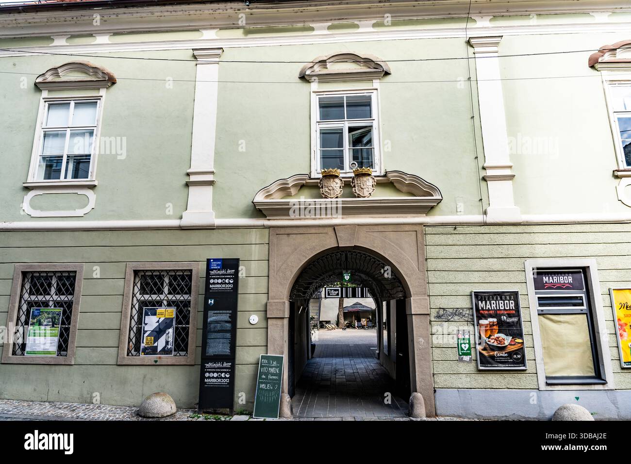 Facade of Vetrinjski Dvor Mansion in Vetrinjska ulica, old bourgeois mansion and seat of Maribor first theatre, today event space in Maribor Slovenia Stock Photo