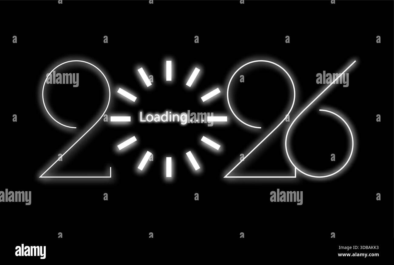 2026 Happy New Year white loading bar. Light neon loading spinning icon ...