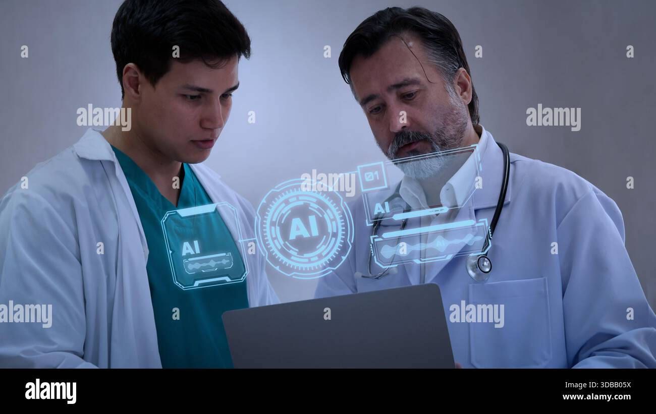 Using AI. Doctors collaborating and using futuristic AI holographic ...