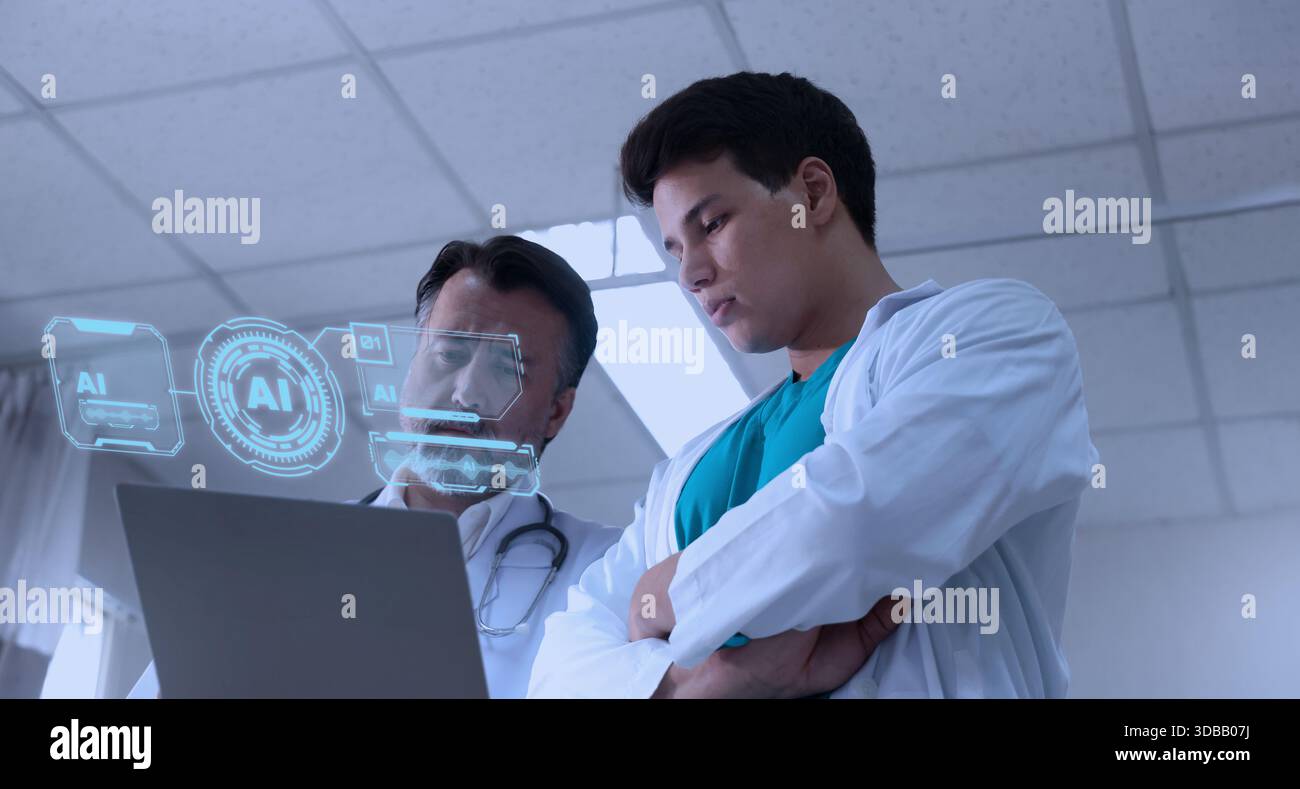 Using AI. Doctors collaborating and using futuristic AI holographic ...