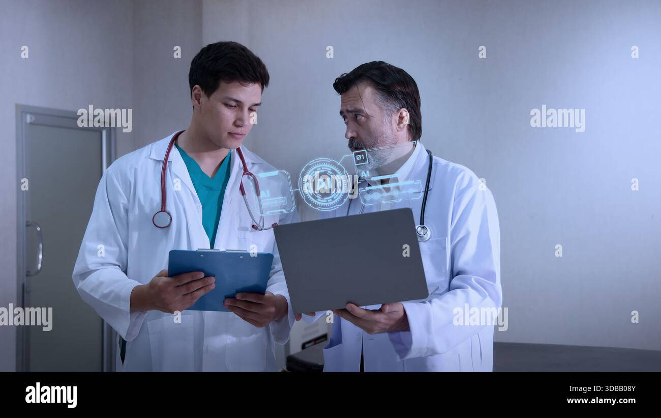 Using AI. Doctors collaborating and using futuristic AI holographic ...