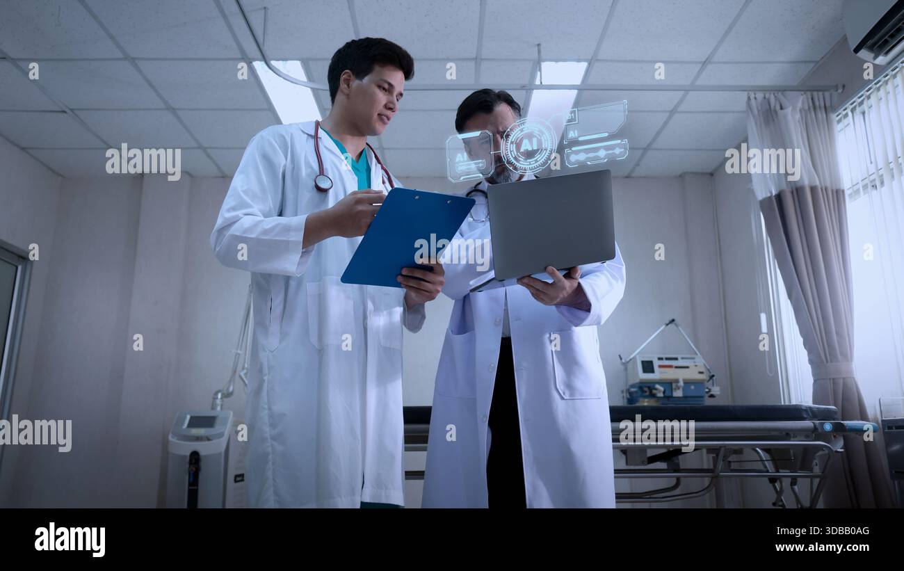 Using AI. Doctors collaborating and using futuristic AI holographic ...