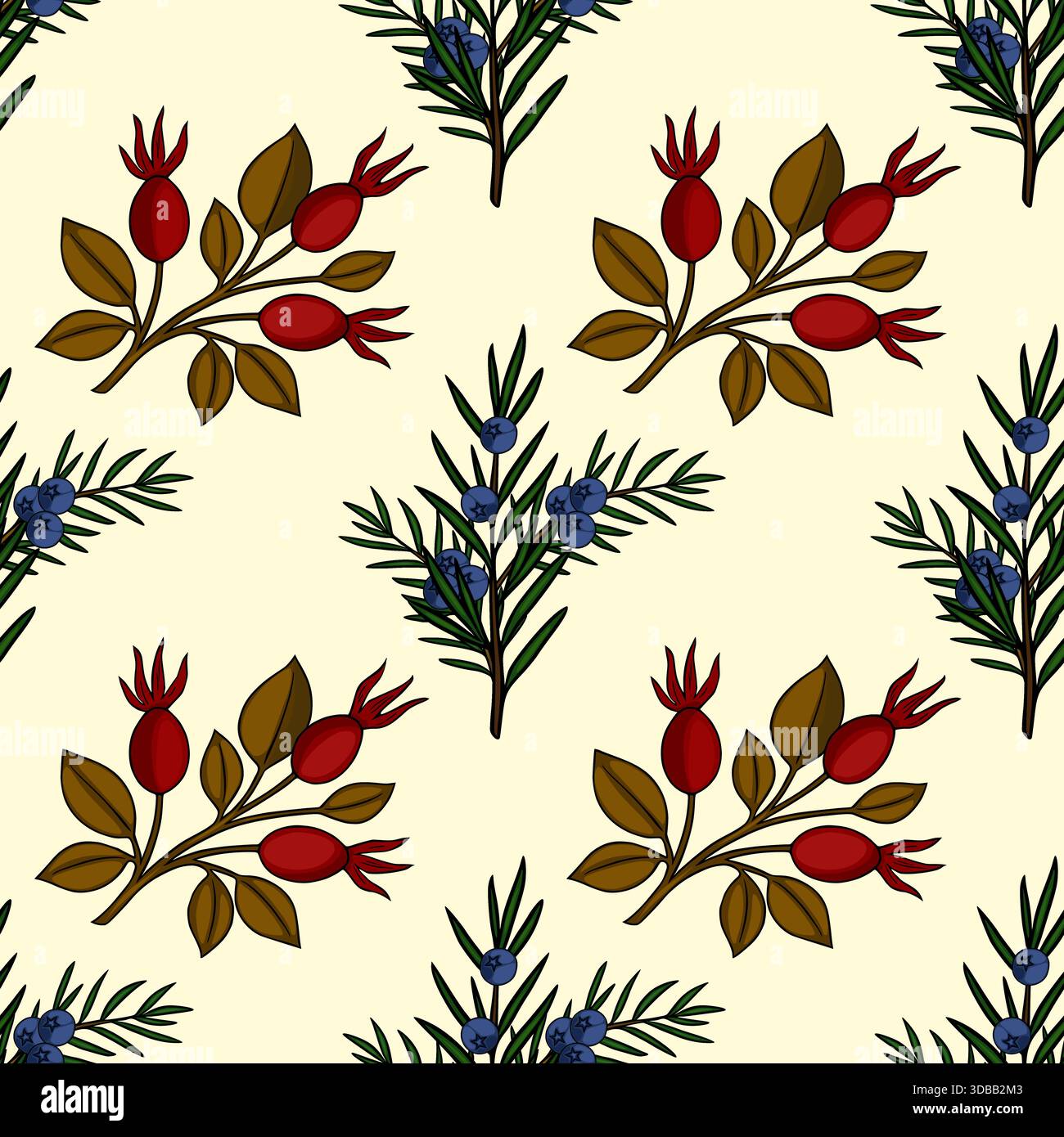 Seamless vector pattern featuring stylized rosehip and juniper branches with berries on a pale yellow background. Stock Vector