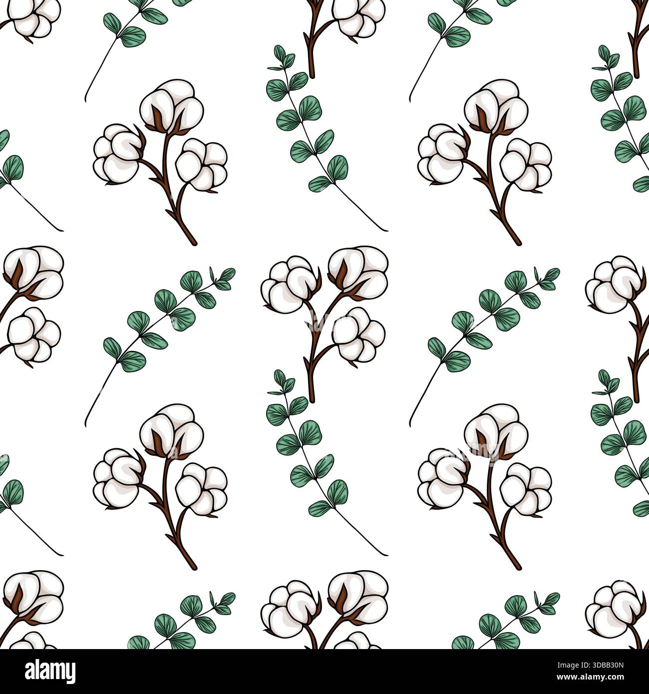 Seamless vector pattern featuring delicate cotton bolls and eucalyptus branches on a clean white background. Stock Vector