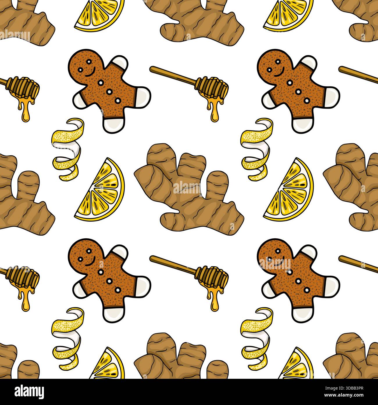 A charming vector pattern featuring ginger roots, lemon slices, gingerbread men, and dripping honey, ideal for festive or culinary themes. Stock Vector