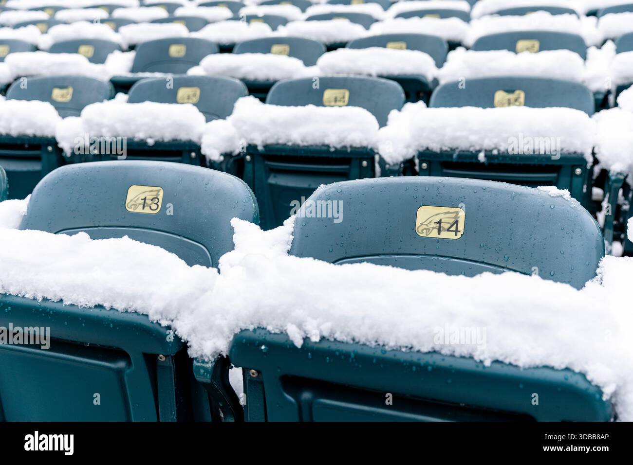 Philadelphia, PA: Snow covers stadium seats at Lincoln Financial Field