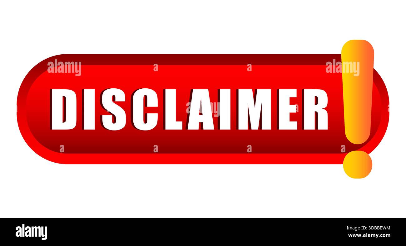 Red 3D Disclaimer button with exclamation mark. Vector warning sign. Stock Vector