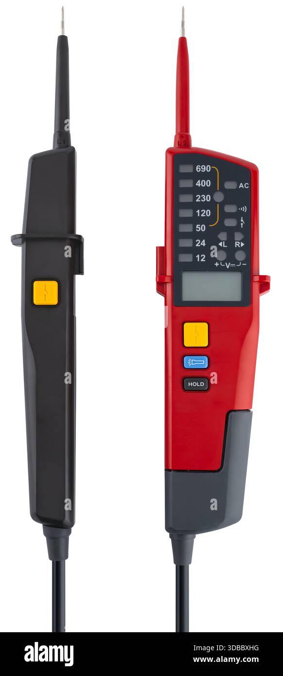 Red digital voltage indicator up to 690 V with continuity test function and screen backlight. On a white background in insulation Stock Photo