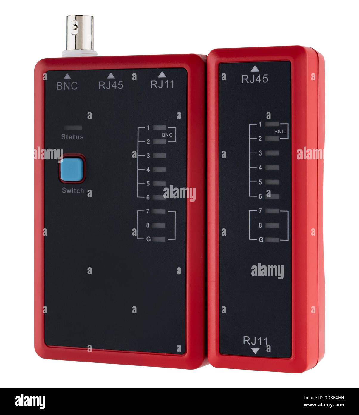 Compact cable line tester with main and remote modules for checking connections. On a white background in isolation. Stock Photo