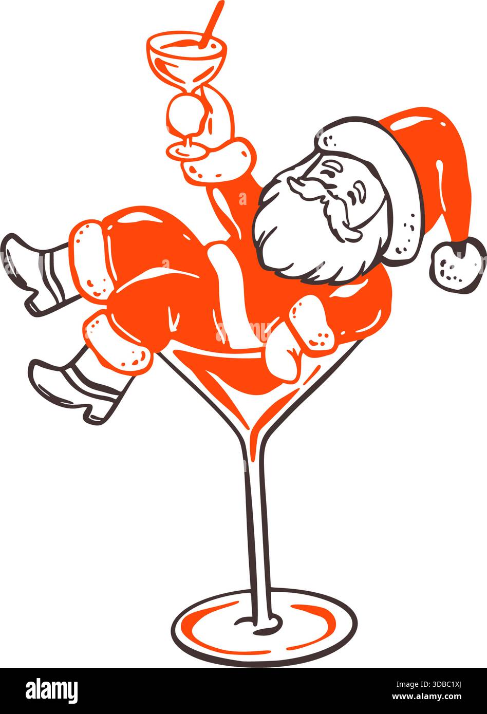 Hand drawn doodle funky quirky Santa Claus sitting in martini glass ...