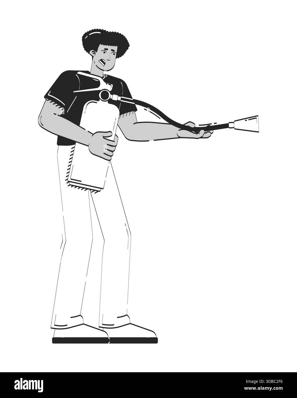 Anxious hispanic man using fire extinguisher doodle linear character Stock Vector
