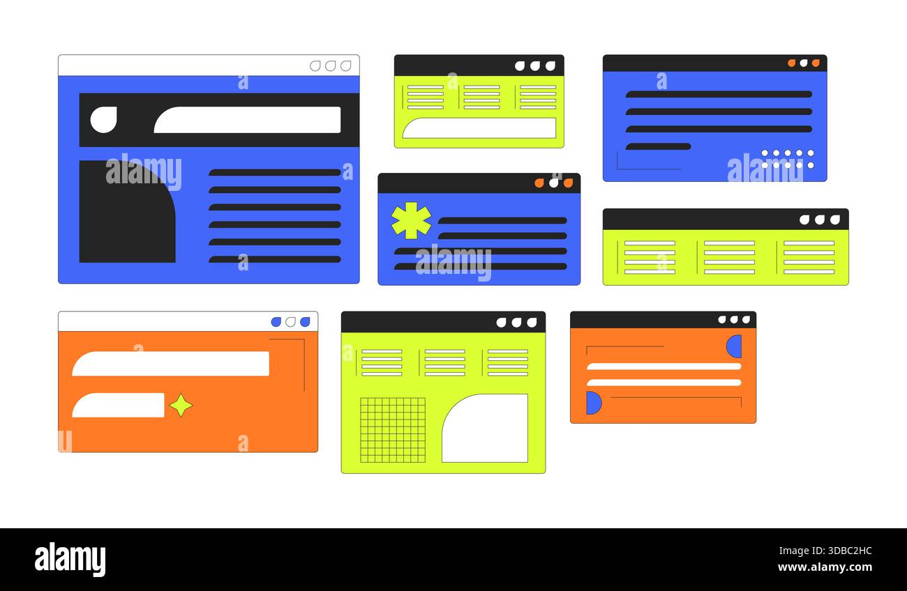 Multiple colorful user interface windows 2D cartoon objects set Stock Vector