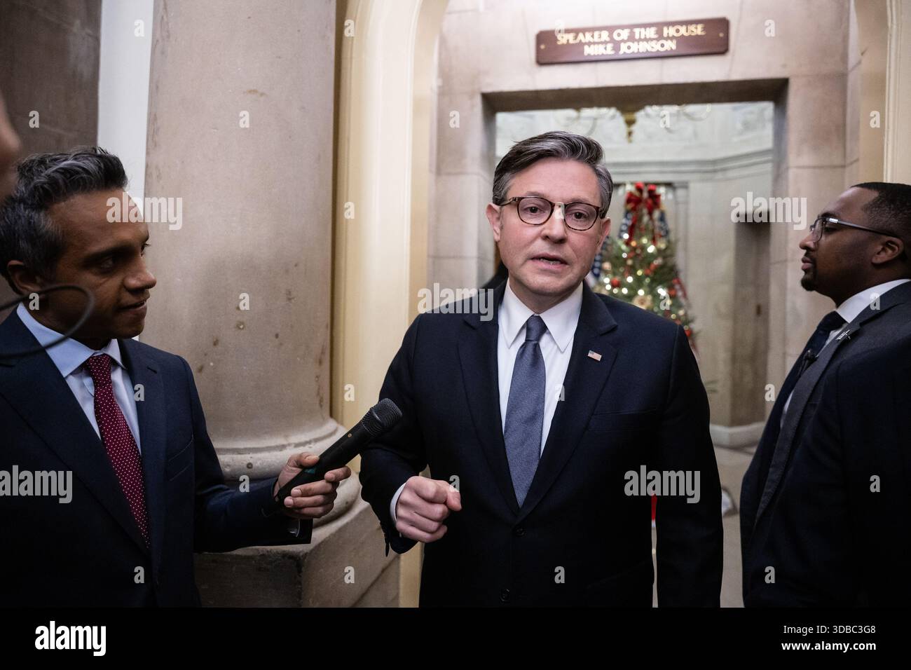 House Speaker Mike Johnson (R-La.) speaks with reporters outside his ...