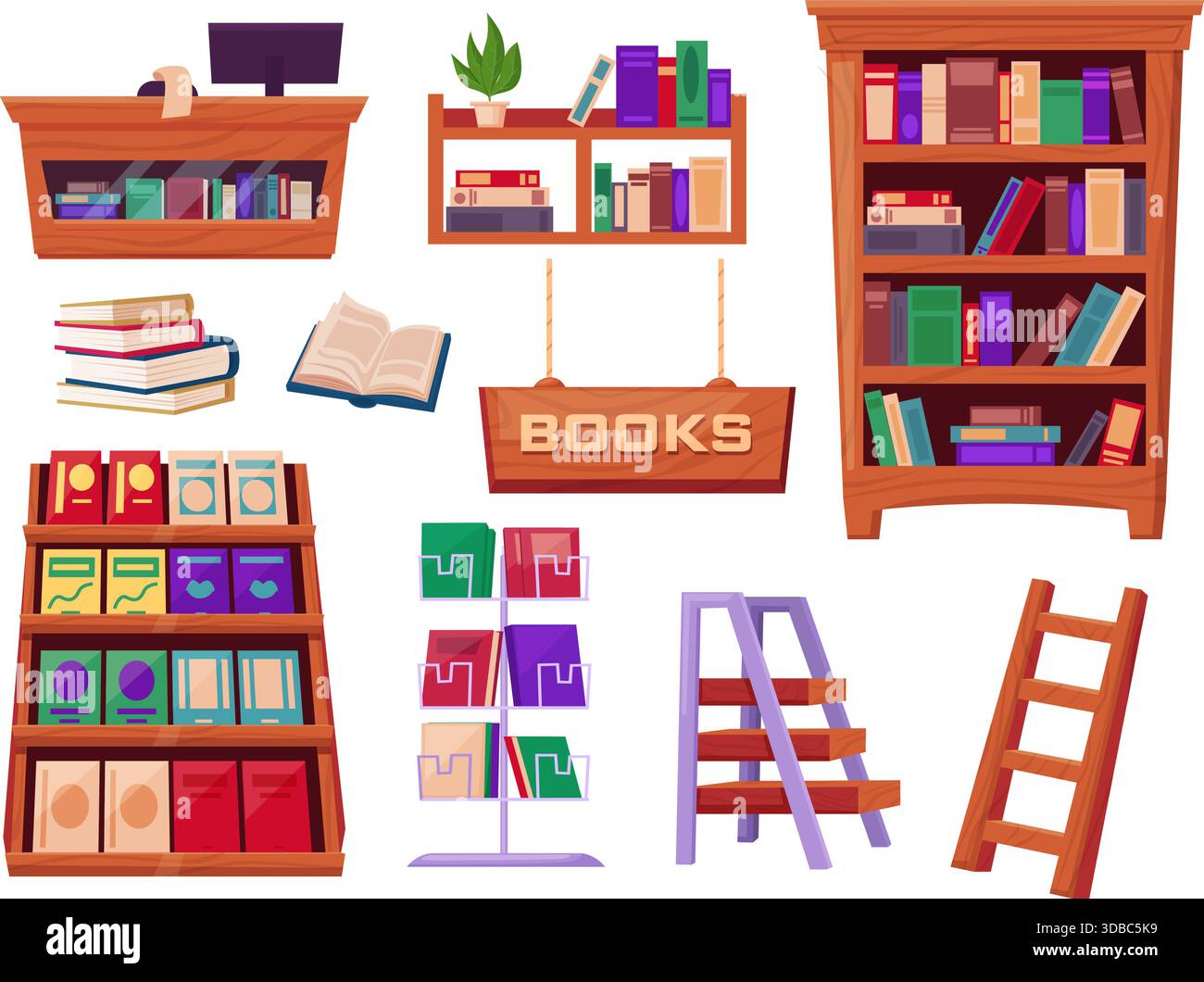 Bookstore furniture. Cashier desk, wooden signboard, bookshelves. Metal ...