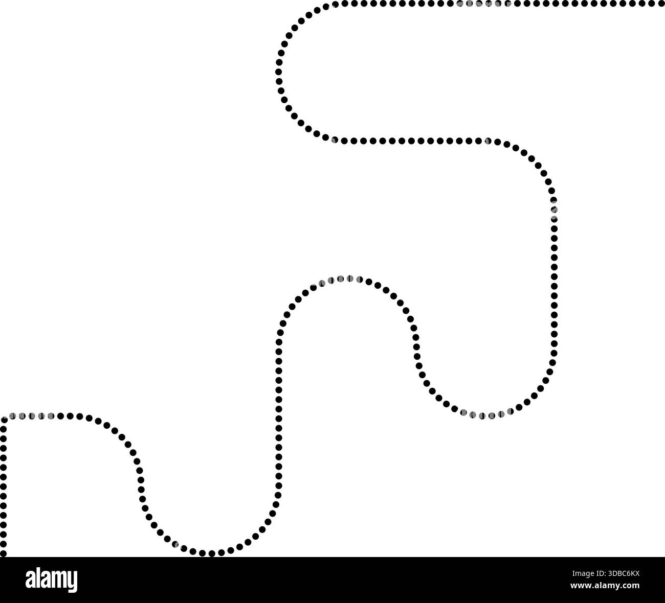 Dotted line follows curved paths forming zigzag motion with squared wave structure and irregular flow. Stock Vector
