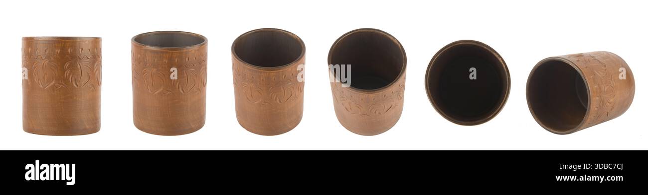 Large collection of clay glasses from different angles isolated on white background. Stock Photo