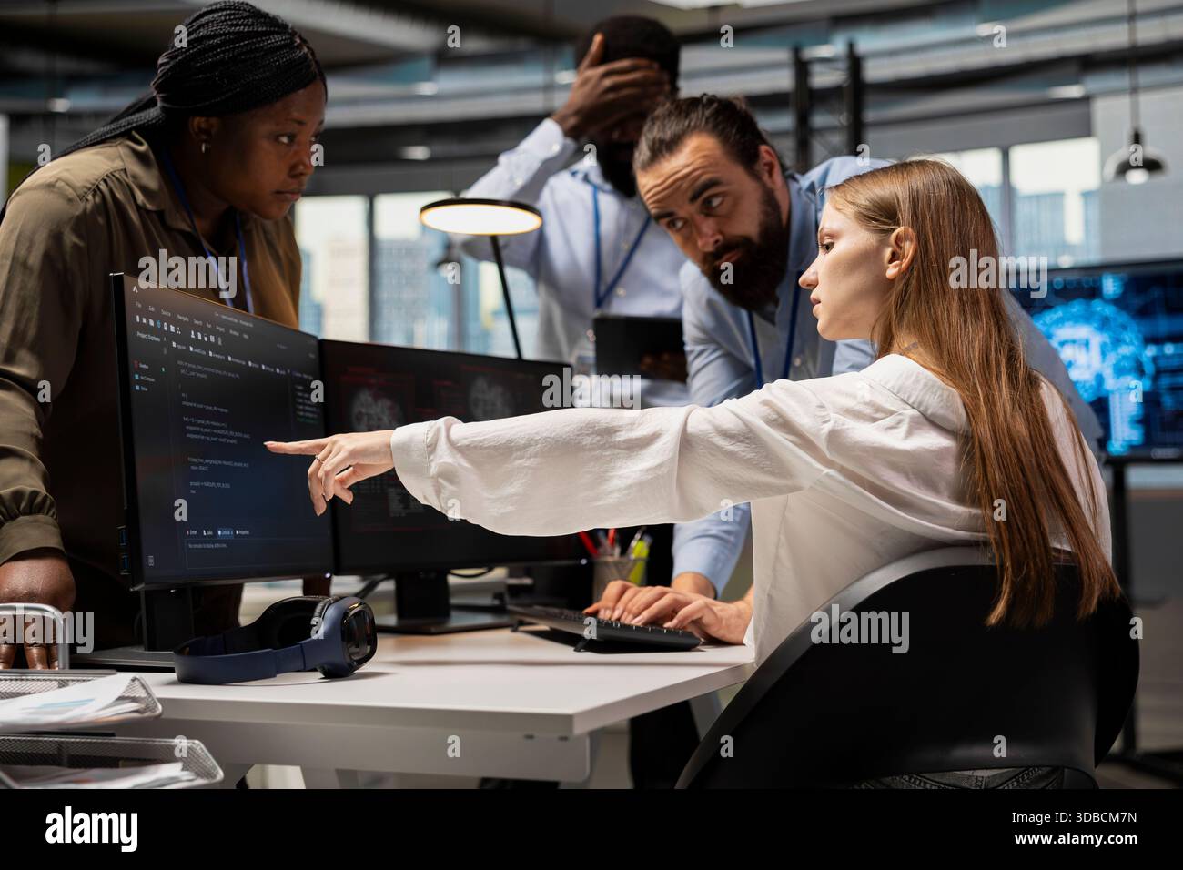 Teamworking programmers doing brainstorming, adjusting deep learning algorithms parameters to automate tasks. Team of IT experts working together in technology company, doing code optimization with AI Stock Photo