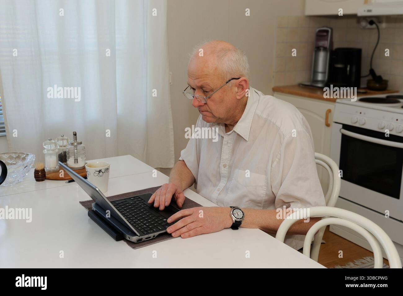 Elderly man working with a laptop Stock Photo