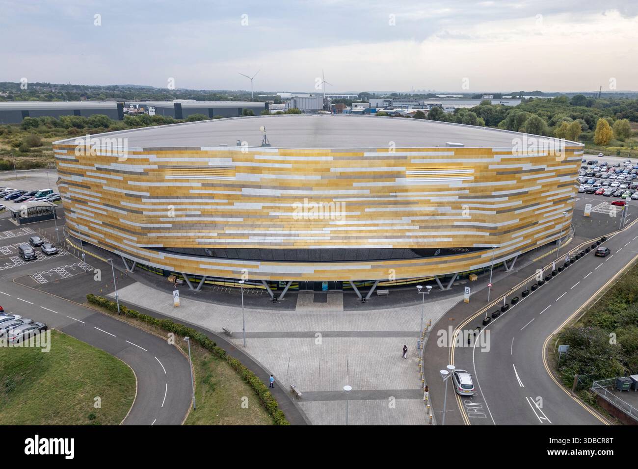 Aerial view of the Derby Arena, a multi-use indoor arena and velodrome at Pride Park in Derby, Derby, UK. Stock Photo