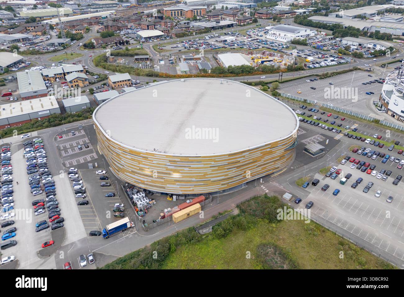 Aerial view of the Derby Arena, a multi-use indoor arena and velodrome at Pride Park in Derby, Derby, UK. Stock Photo