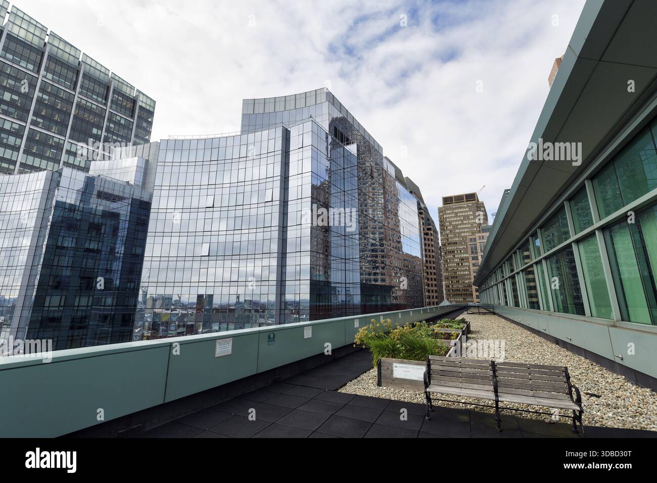 View of Glass facades, skyscrapers, office towers, observation deck at Independence Wharf, Seaport ...