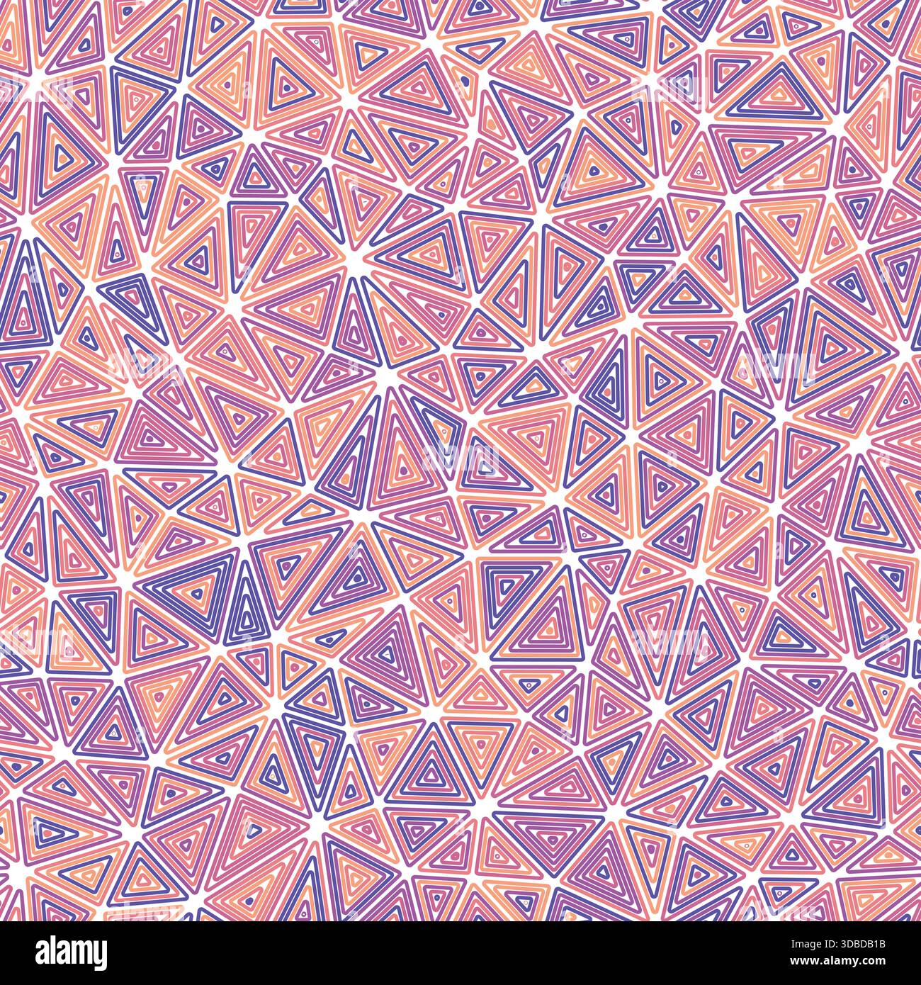 Minimal geometric background. Compact triangle size. Multiple repeated inner triangles. Multicolored style. Repeatable pattern. Awesome vector tiles. Stock Vector