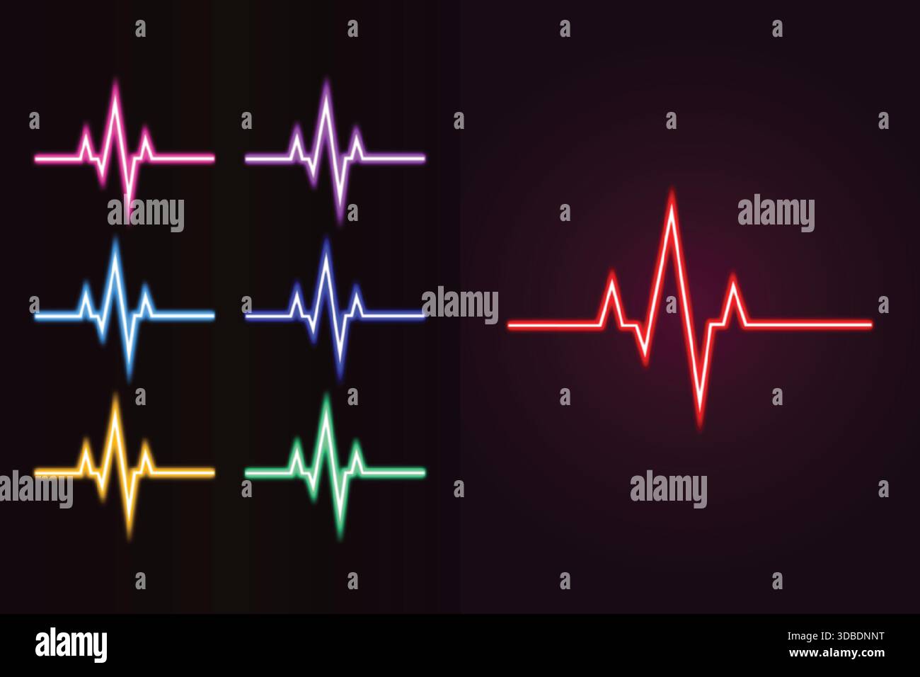 Glowing Neon Heart and Heartbeat Pulse Icon Set Vibrant ECG Love ...