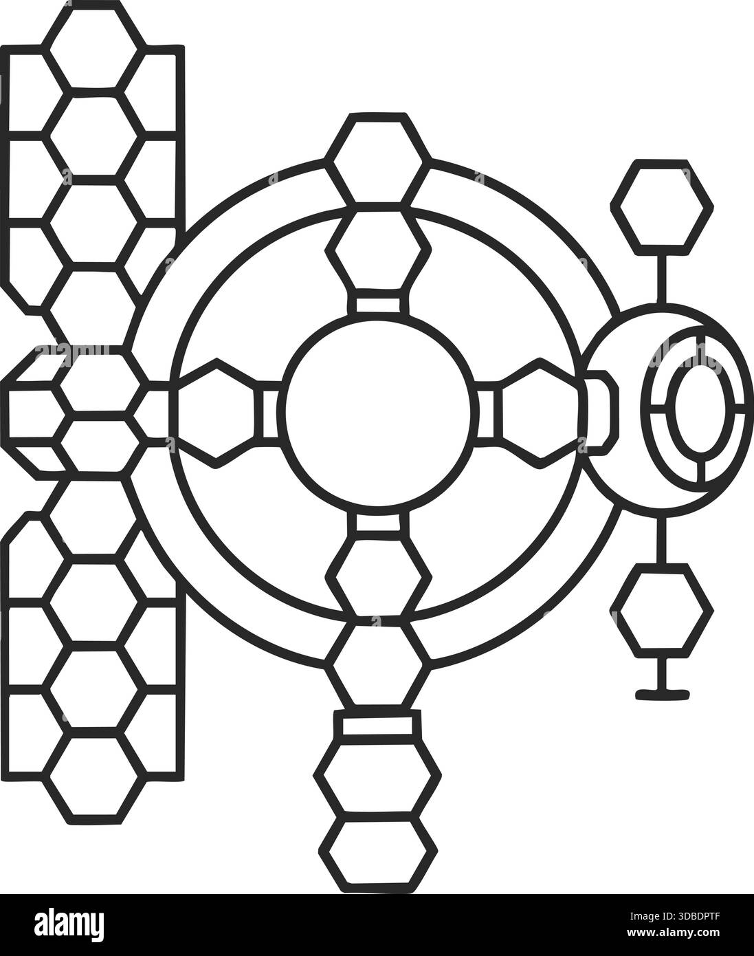 Black line abstract geometric design combining hexagonal grids, circular structures, and radial mechanical patterns on white. Stock Vector