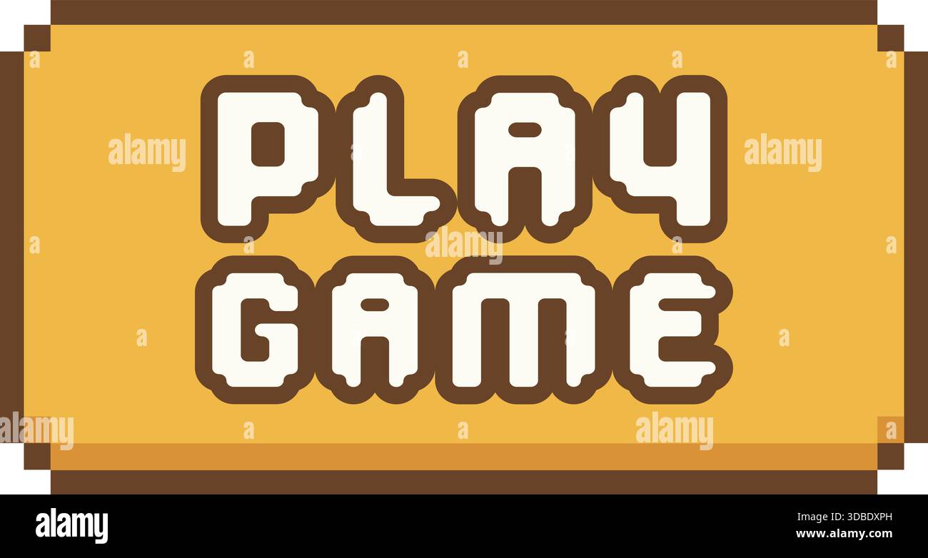 Rectangular gold sign with chunky pixel style text saying play game and small 8 bit corners. Stock Vector