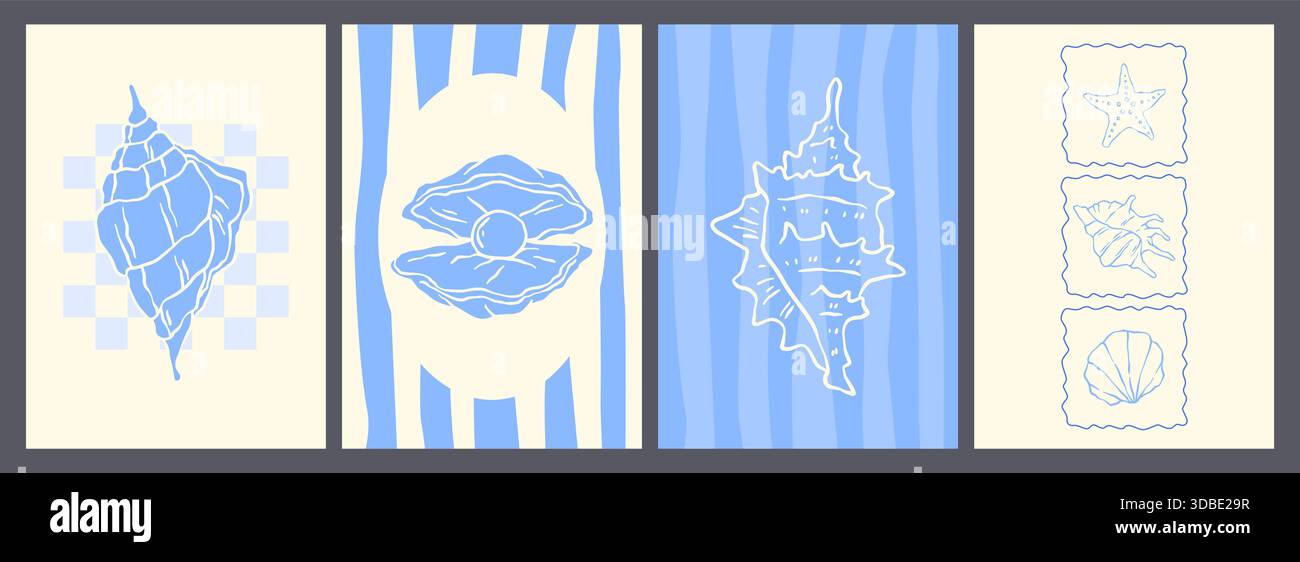 Seashell and marine posters in vintage doodle style. Ocean beach hand drawn elements with blue patterns, coastal frames and linear shells. Retro nautical postcard design with scallops and starfish Stock Vector