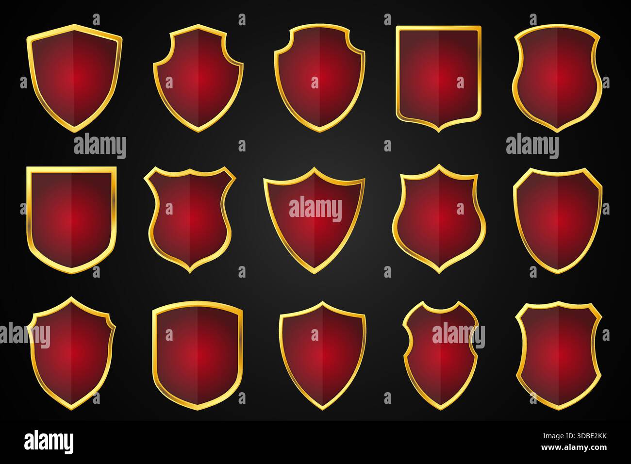Golden shield badges. Different shapes heraldic elements, blank labels ...