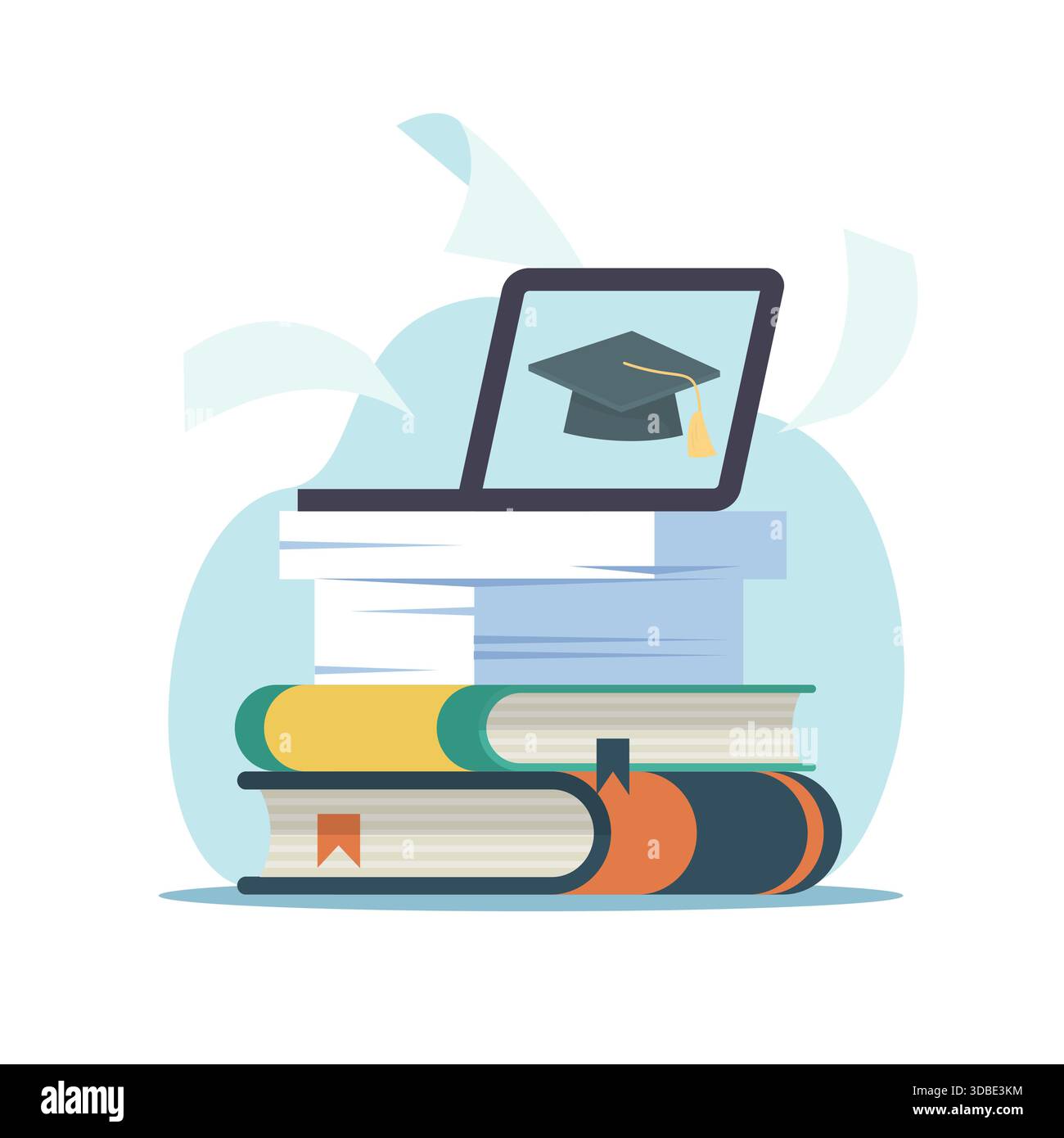 Online homeschooling. Open laptop on books stack, self education and development, distance learning on digital courses, knowledge access technology, e Stock Vector
